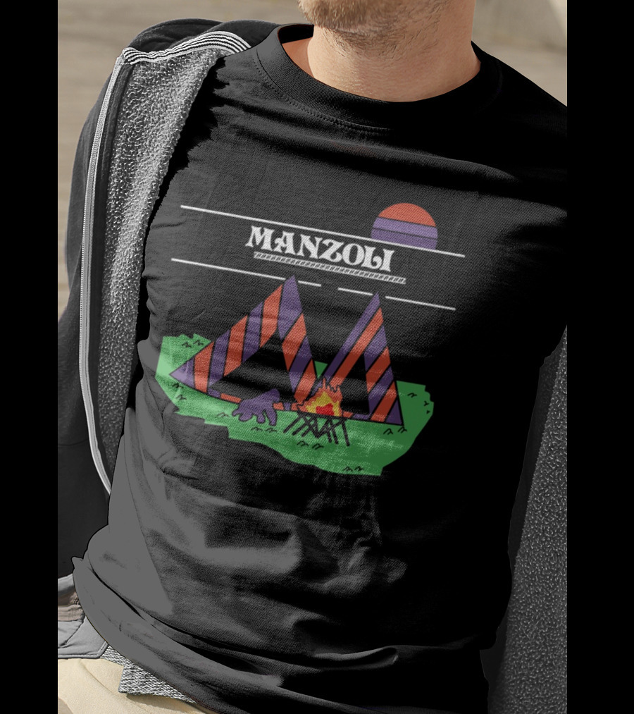 MANZOLI Tent Camping Fire Sunset Stripes T-Shirt