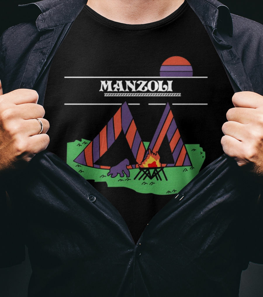 MANZOLI Tent Camping Fire Sunset Stripes T-Shirt