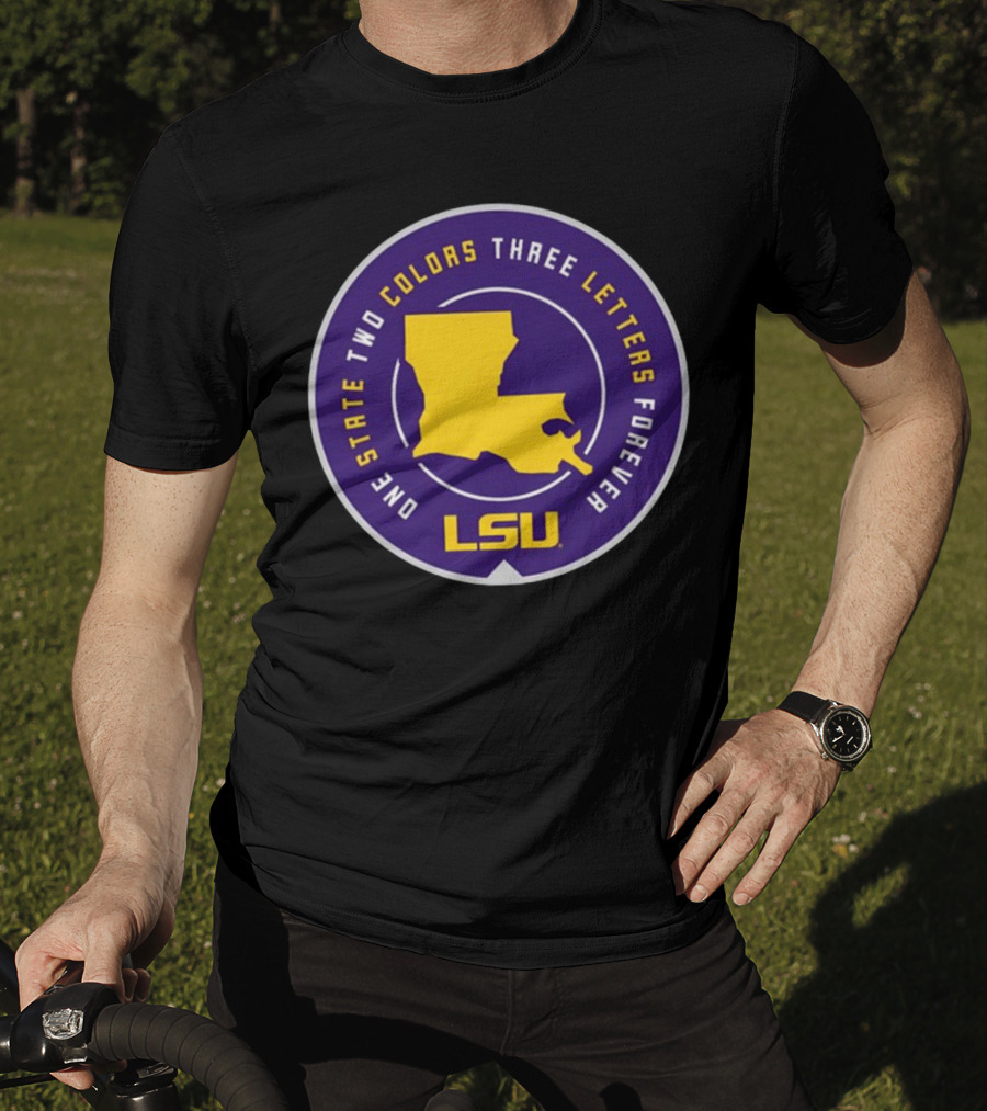 One State Two Colors Three Letters Forever LSU Louisiana Map Purple Gold Circle T-Shirt