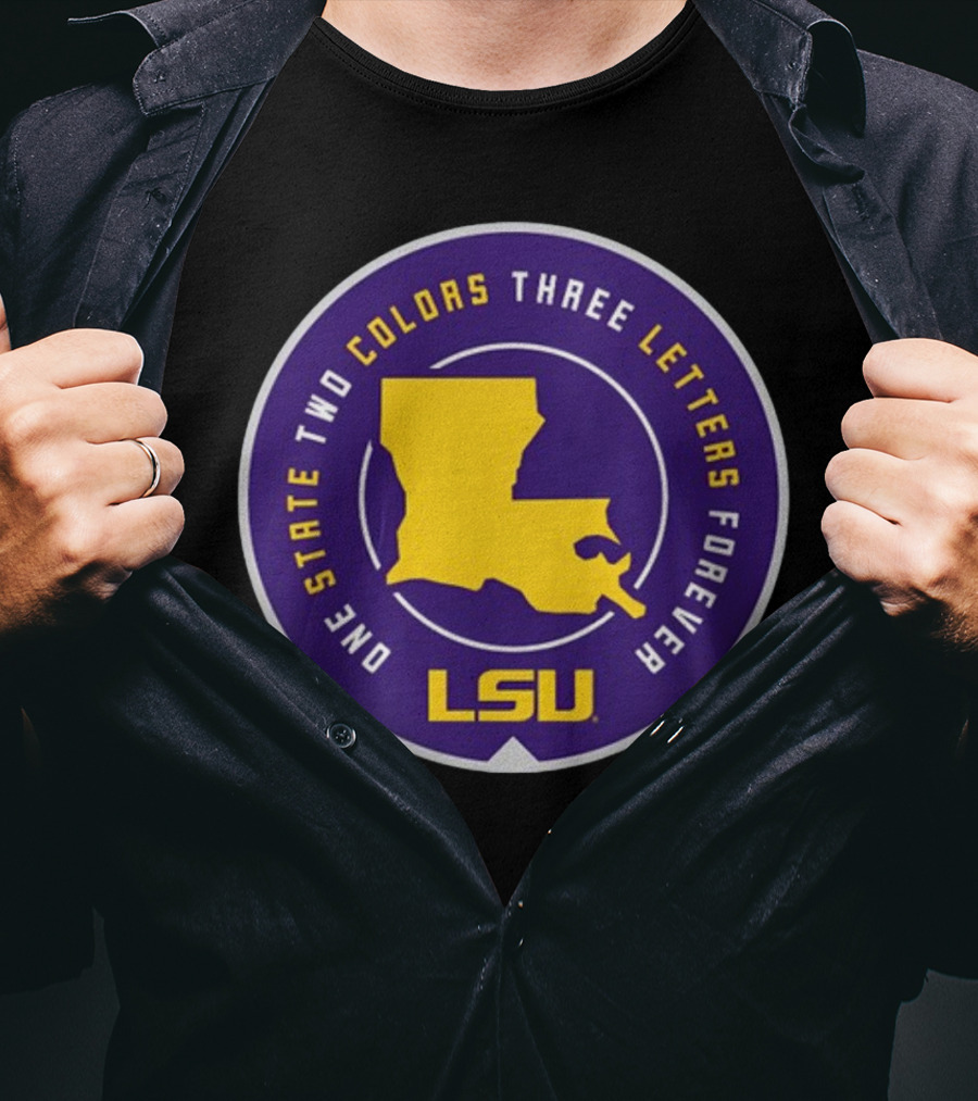 One State Two Colors Three Letters Forever LSU Louisiana Map Purple Gold Circle T-Shirt
