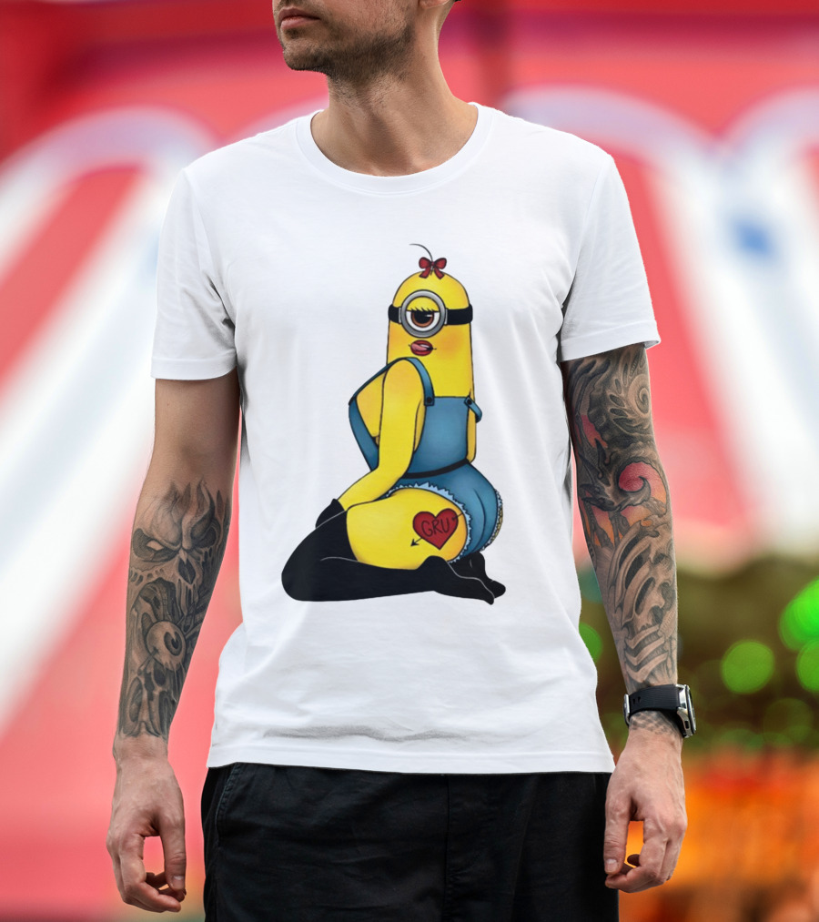 Minion in Blue Overalls with Gru Heart Tattoo and Red Bow T-Shirt