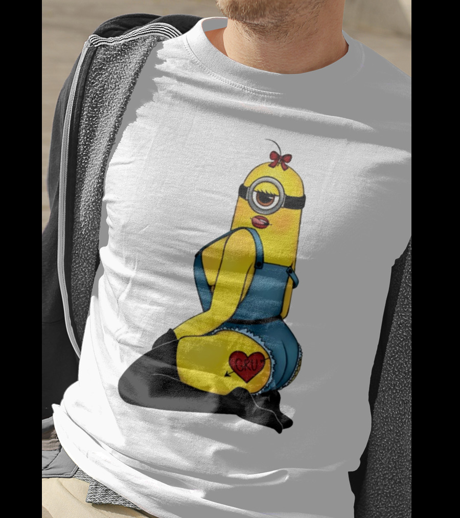 Minion In Blue Overalls With Gru Heart Tattoo And Red Bow T-Shirt
