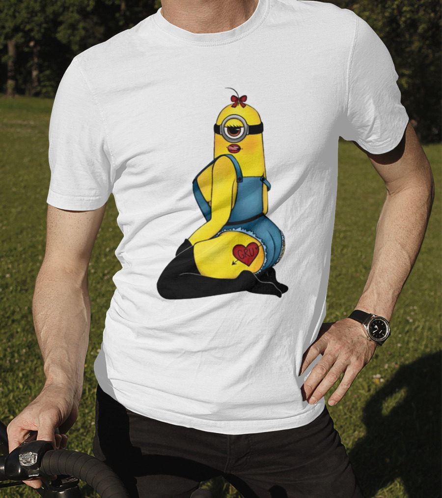 Minion In Blue Overalls With Gru Heart Tattoo And Red Bow T-Shirt
