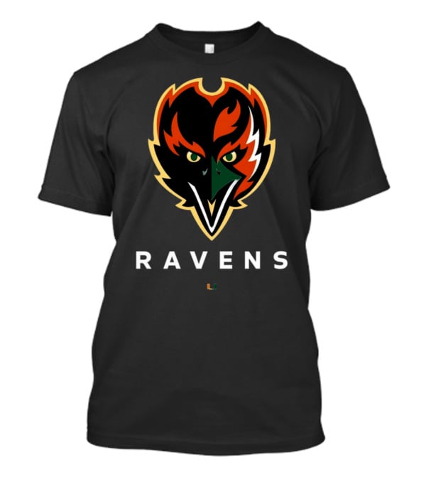 Ravens Logo With University Of Miami Hurricanes Colors T-Shirt