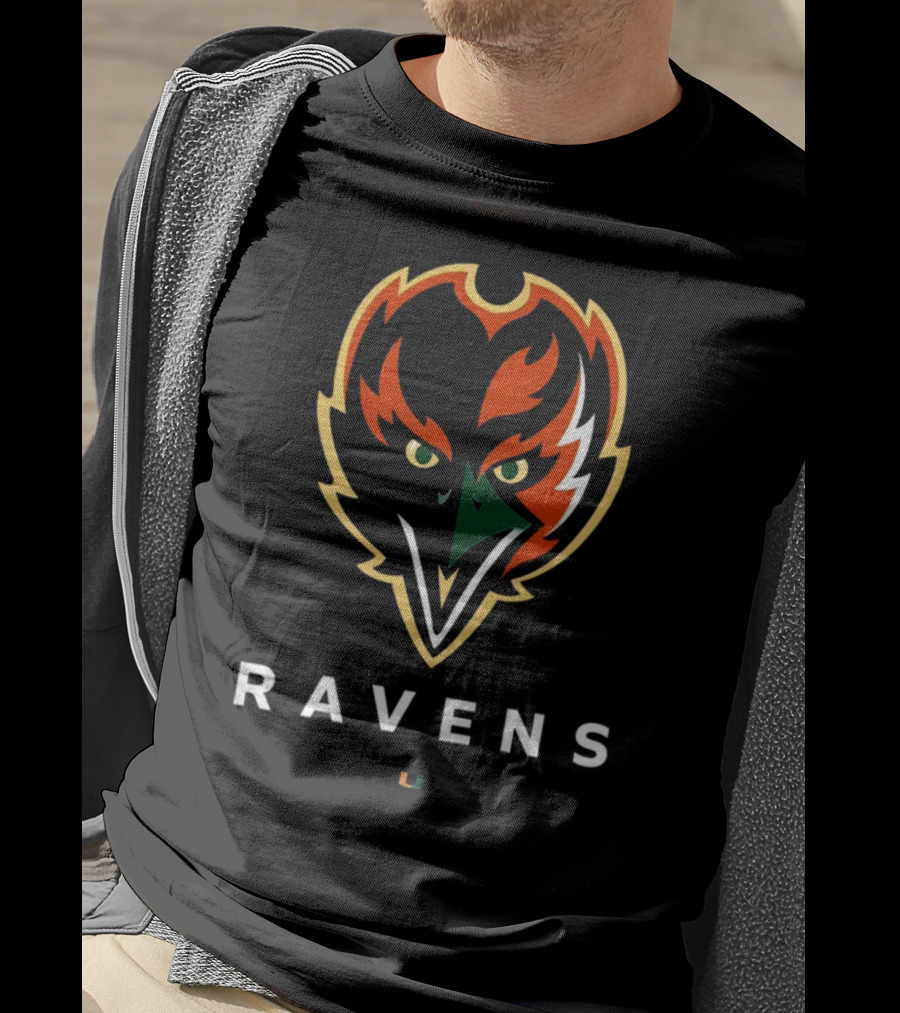 Ravens Logo With University Of Miami Hurricanes Colors T-Shirt