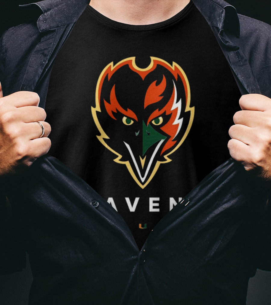 Ravens Logo With University Of Miami Hurricanes Colors T-Shirt