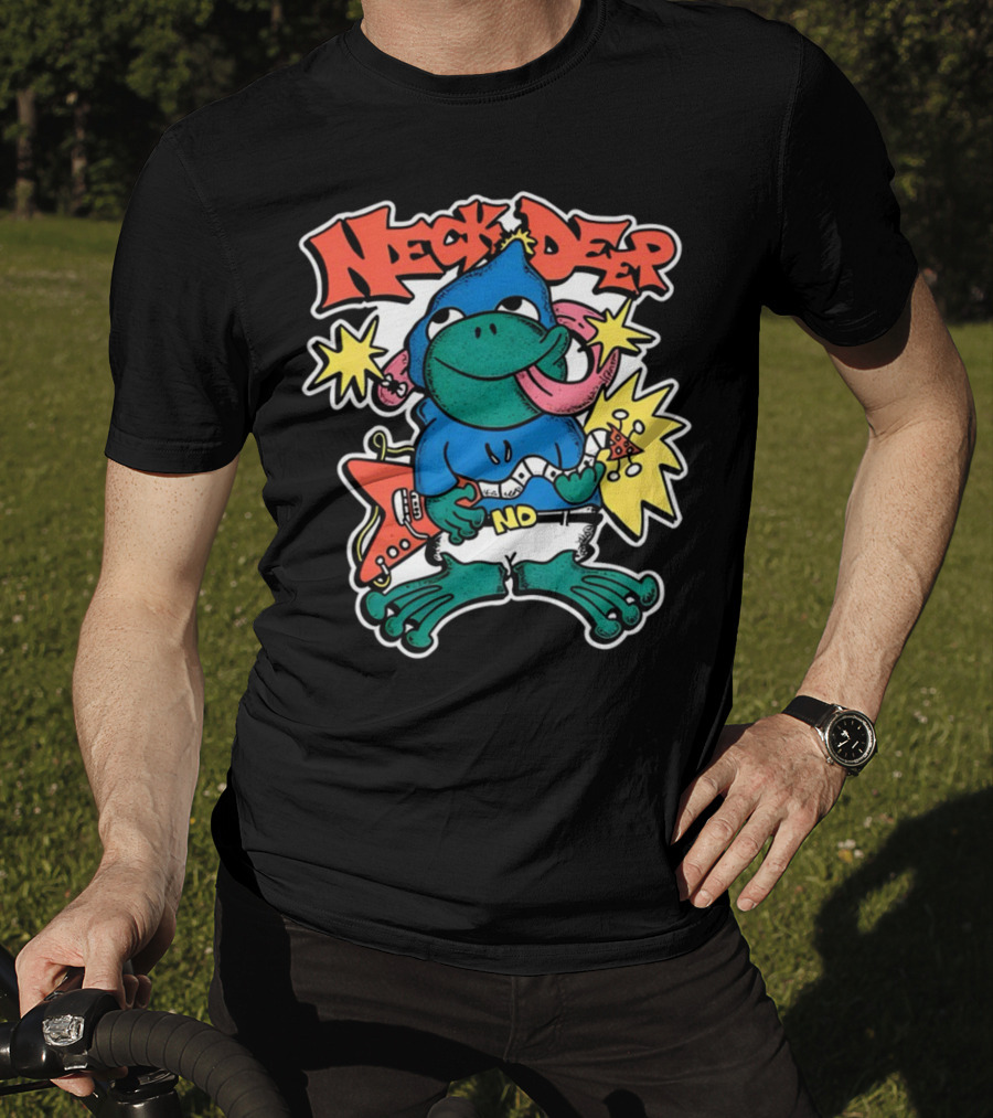 Neck Deep Frog Cartoon Character Holding Red Electric Guitar With Stars And No Belt T-Shirt