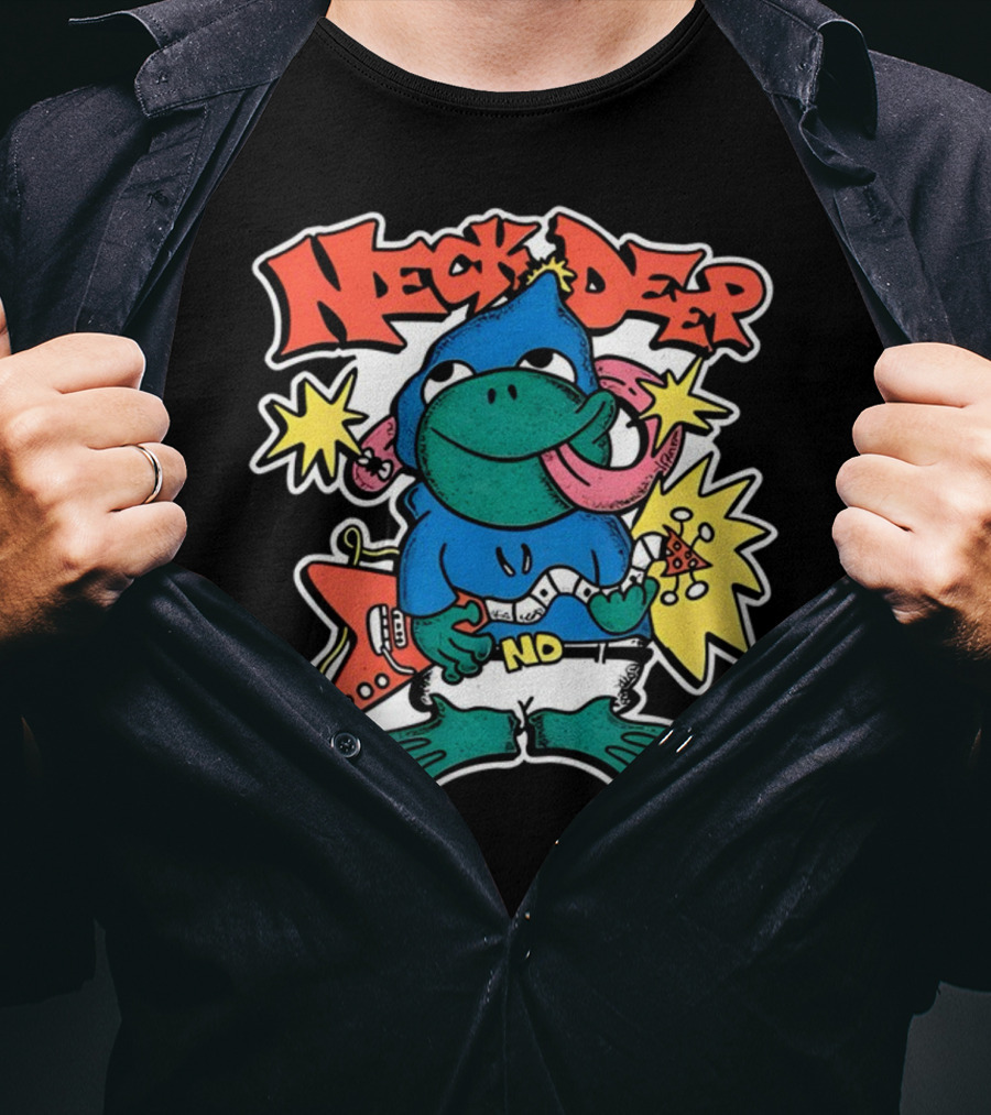 Neck Deep Frog Cartoon Character Holding Red Electric Guitar With Stars And No Belt T-Shirt