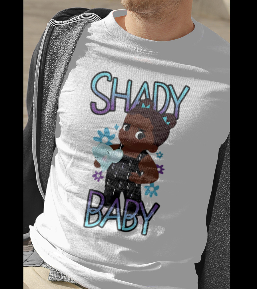 Shady Baby Cute Cartoon Character Holding Blue Elephant With Purple And Blue Flowers T-Shirt