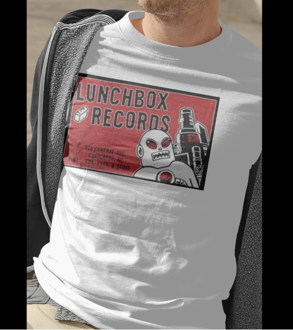 Lunchbox Records 825 Central Ave Charlotte NC Vinyl CDs DVDs Stuff Robot T-Shirt