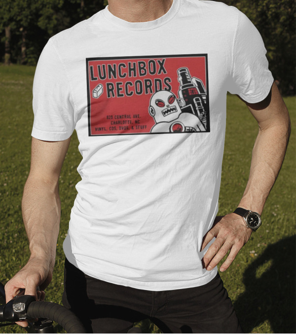 Lunchbox Records 825 Central Ave Charlotte NC Vinyl CDs DVDs Stuff Robot T-Shirt
