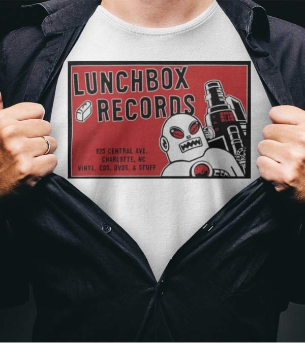 Lunchbox Records 825 Central Ave Charlotte NC Vinyl CDs DVDs Stuff Robot T-Shirt