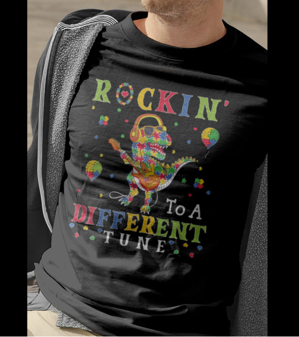 Rockin' To A Different Tune TRex Dinosaur Autism Awareness Puzzle Pieces T-Shirt