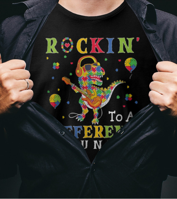 Rockin' To A Different Tune TRex Dinosaur Autism Awareness Puzzle Pieces T-Shirt