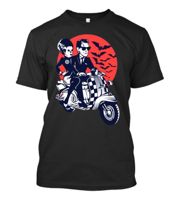 Ska-Lloween Couple Riding Scooter With Bats In Halloween Moon Sky T-Shirt