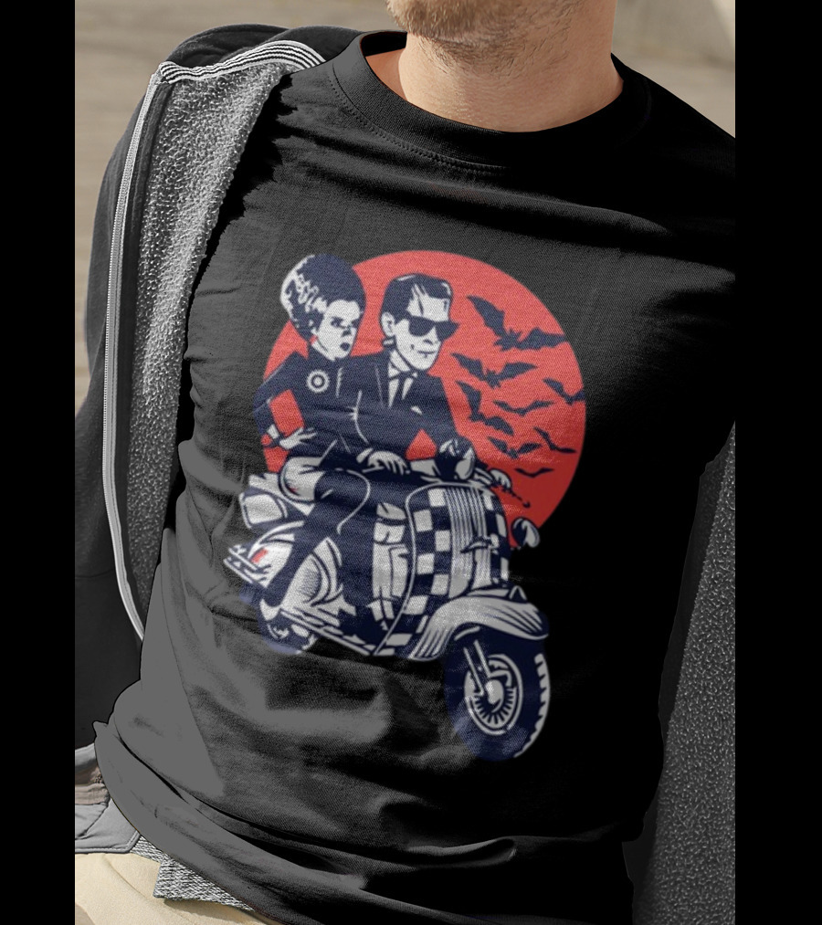 Ska-Lloween Couple Riding Scooter With Bats In Halloween Moon Sky T-Shirt