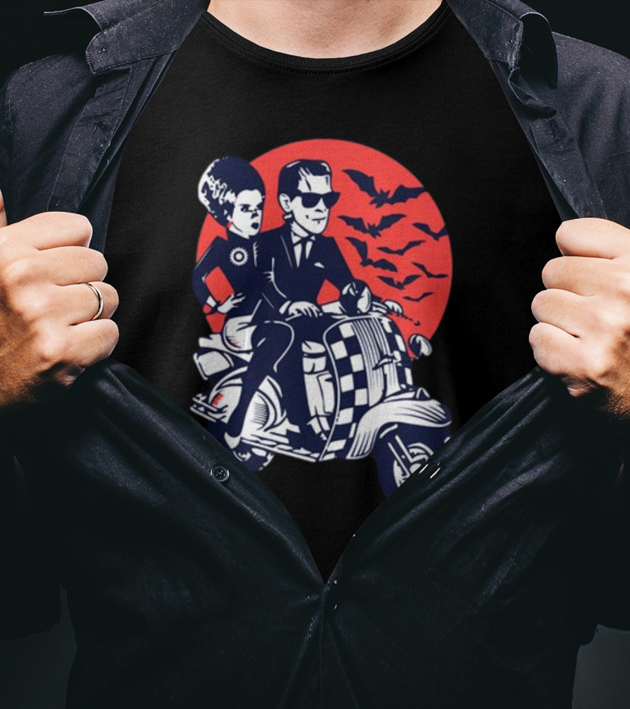 Ska-Lloween Couple Riding Scooter With Bats In Halloween Moon Sky T-Shirt