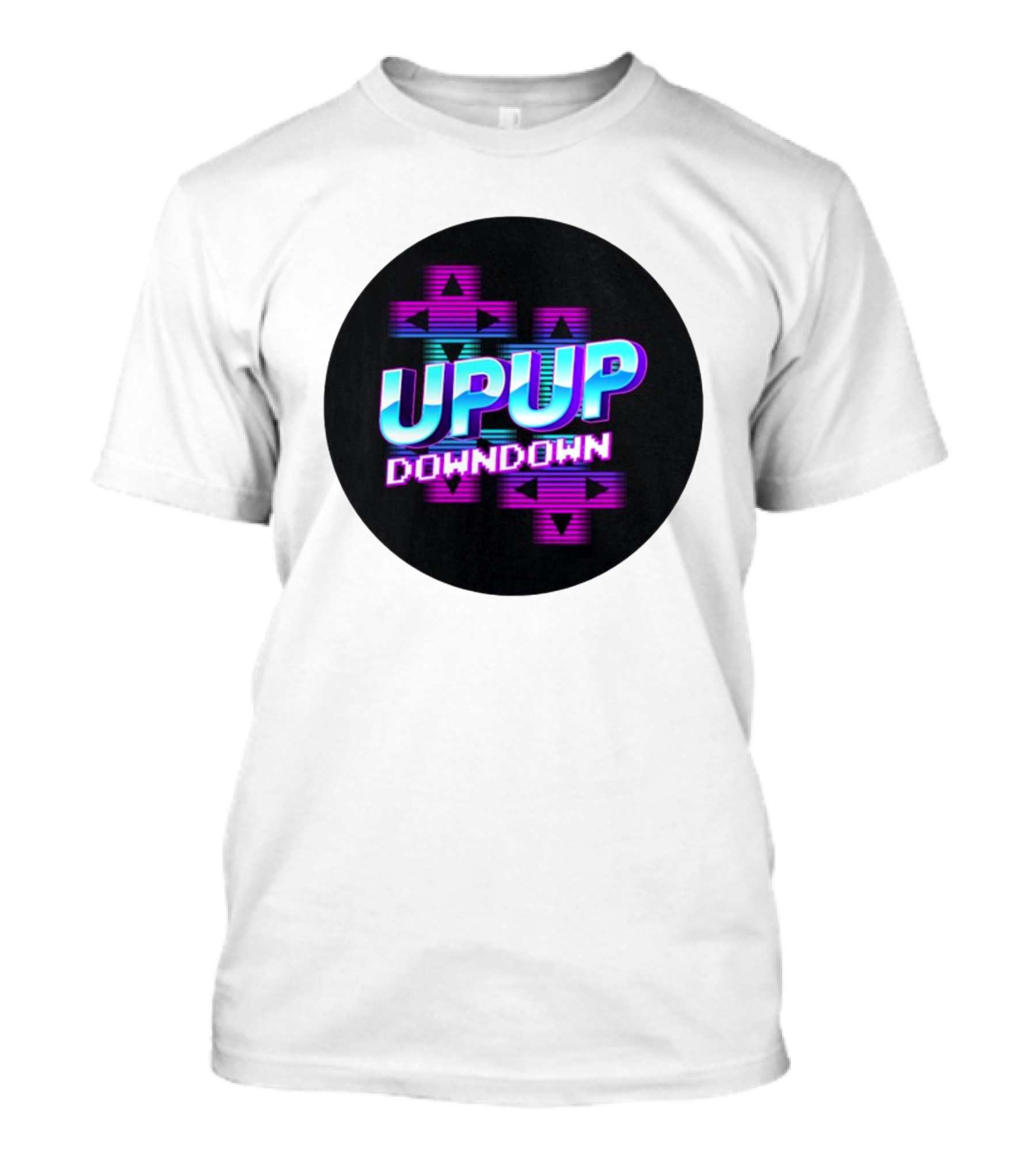 UPUP DOWNDOWN Retro Video Game Arrows Neon Text T-Shirt