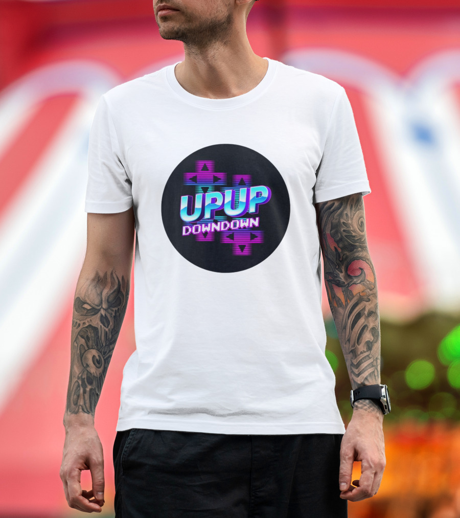 UPUP DOWNDOWN Retro Video Game Arrows Neon Text T-Shirt