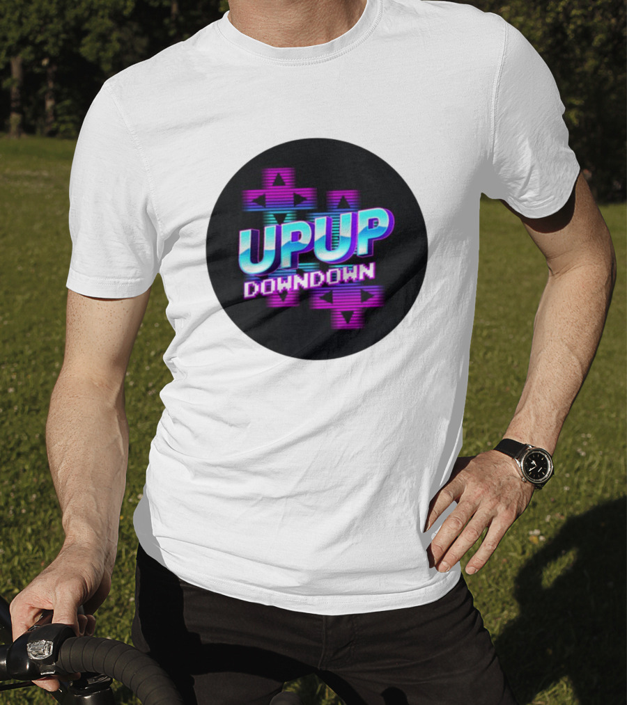 UPUP DOWNDOWN Retro Video Game Arrows Neon Text T-Shirt