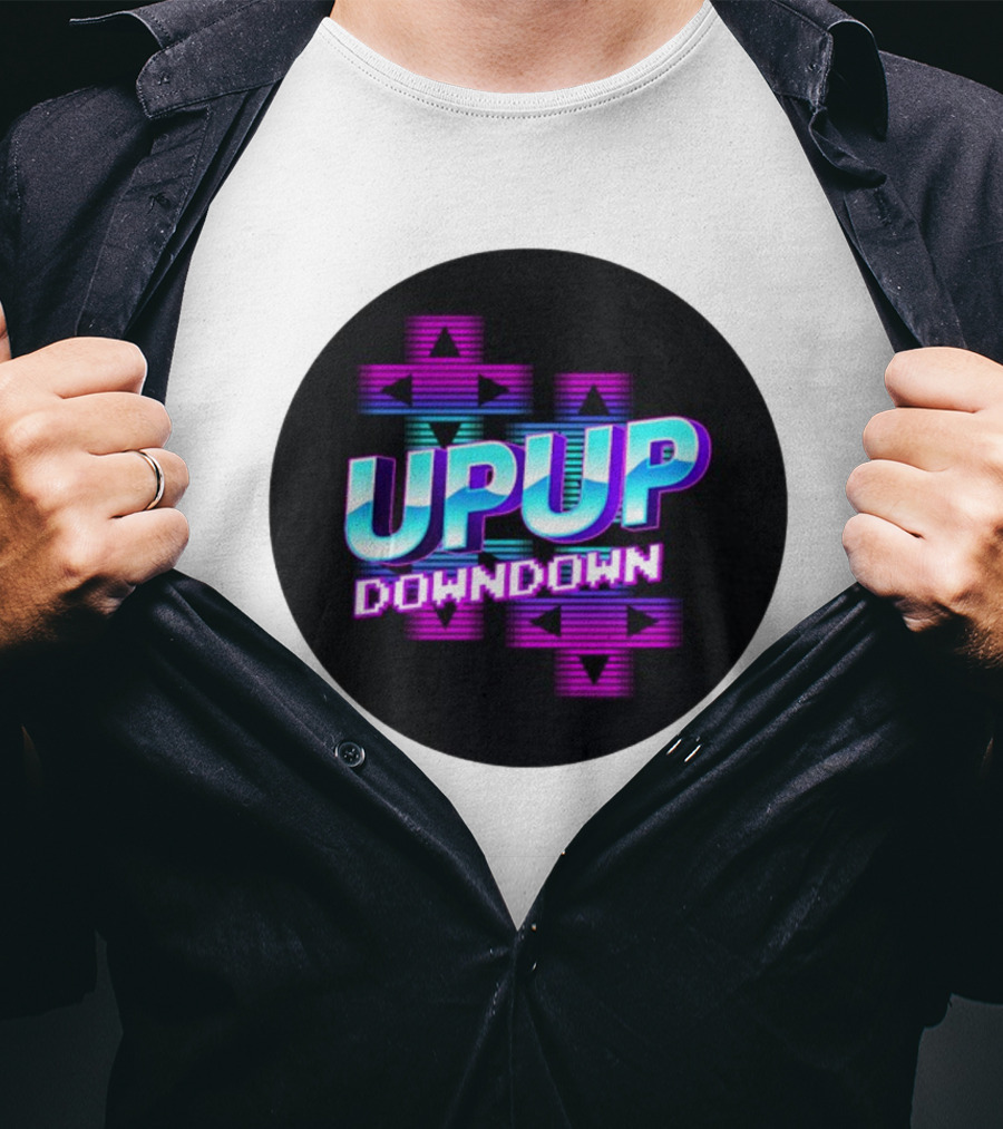 UPUP DOWNDOWN Retro Video Game Arrows Neon Text T-Shirt