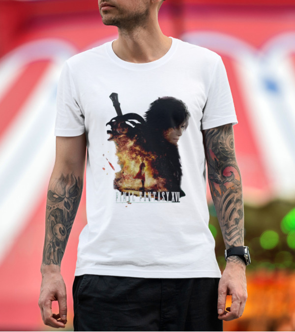 Premium T-Shirt: FINAL FANTASY XVI Clive Rosfield Fiery Character T-Shirt FINAL FANTASY XVI Clive Rosfield Fiery Character T-Shirt