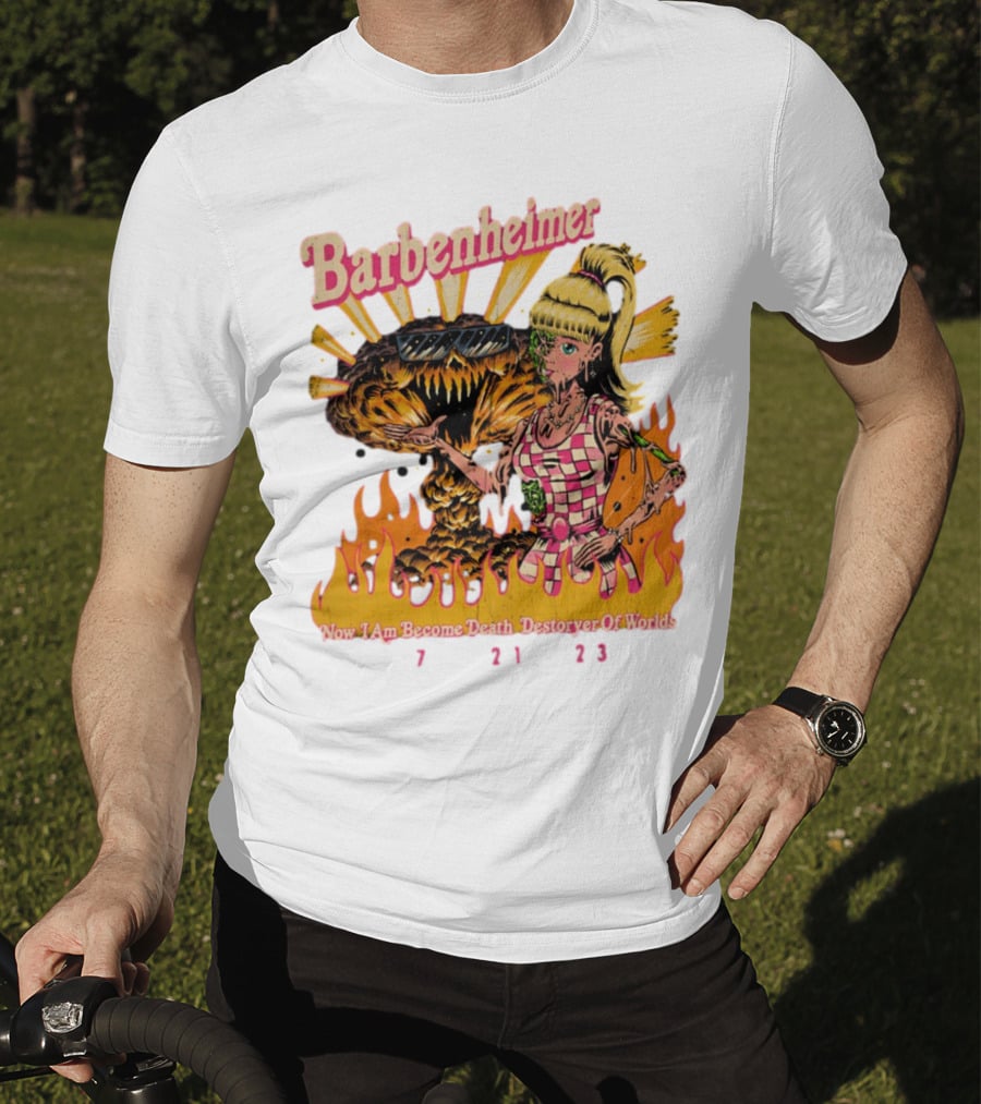 Barbenheimer Now I Am Become Death Destroyer Of Worlds 7 21 23 Retro Style Atomic Explosion Barbie Doll Flames T-Shirt