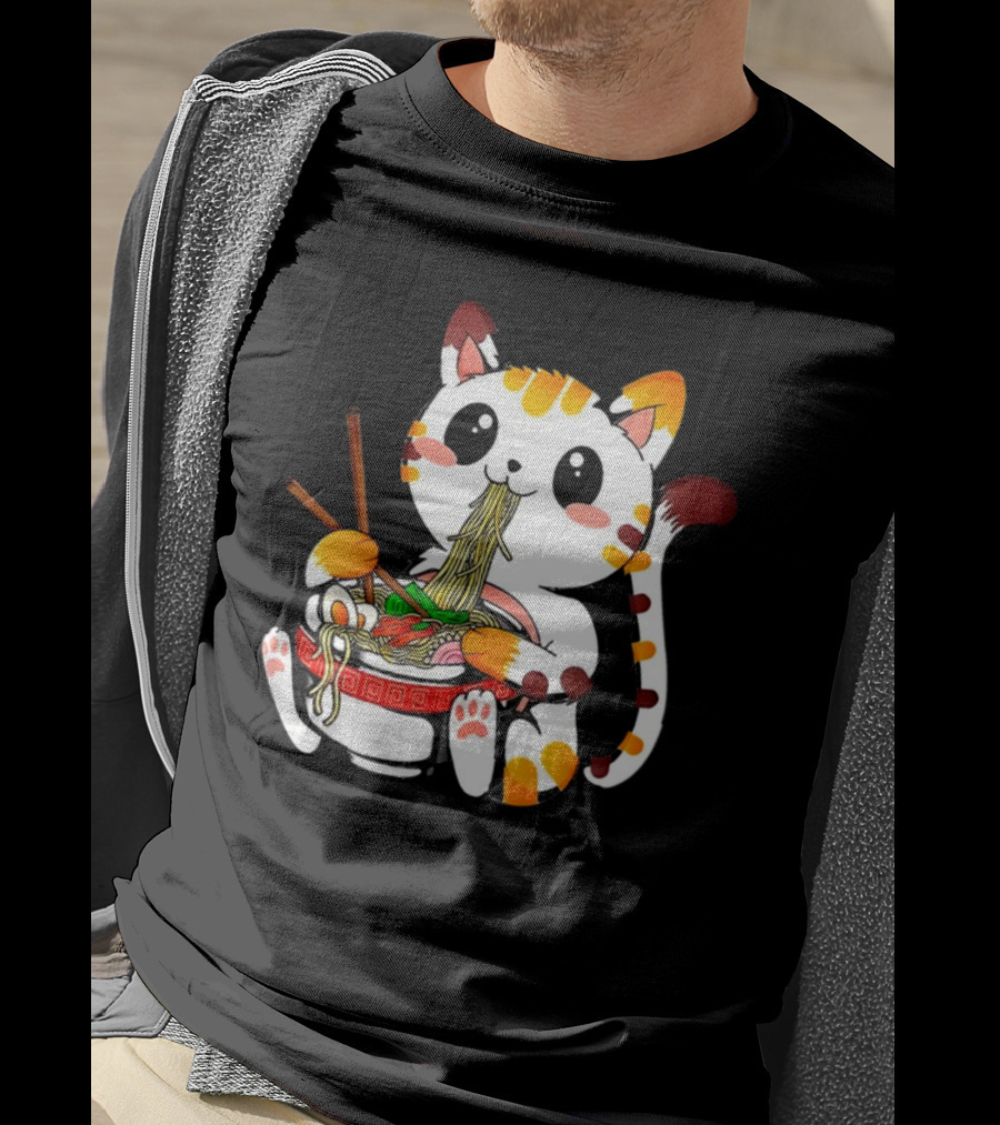 Furia Hiswattson Cat Enjoying Ramen Bowl With Chopsticks T-Shirt