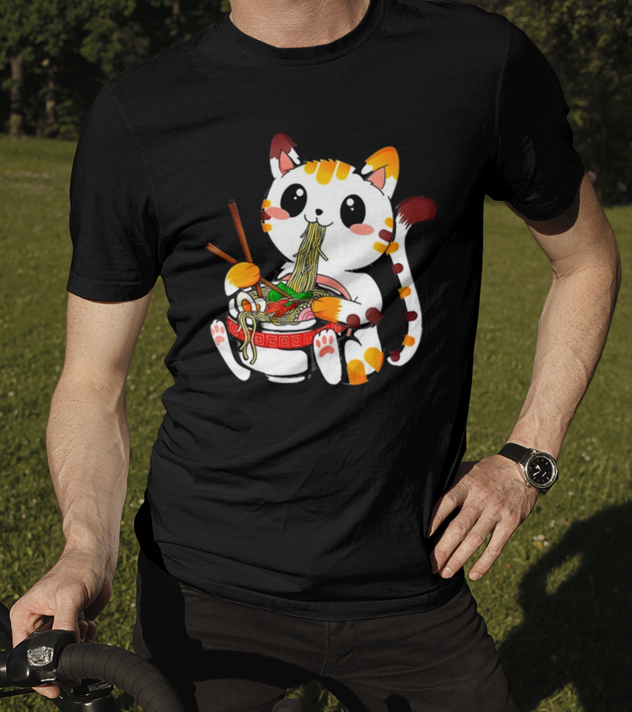 Furia Hiswattson Cat Enjoying Ramen Bowl With Chopsticks T-Shirt