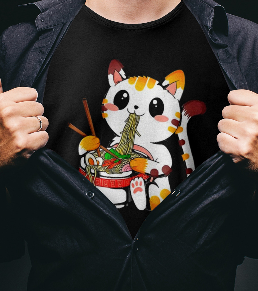 Furia Hiswattson Cat Enjoying Ramen Bowl With Chopsticks T-Shirt