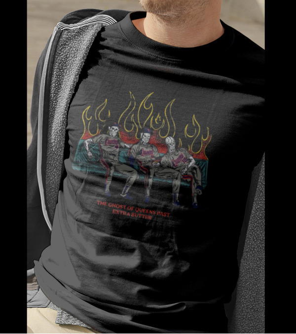 The Ghost Of Queens Past Extra Butter Queens Baseball Skeletons Flames T-Shirt