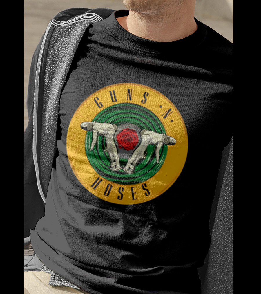 Guns N Hoses Firefighter Hydrant Nozzle Cross With Rose Circle Emblem T-Shirt
