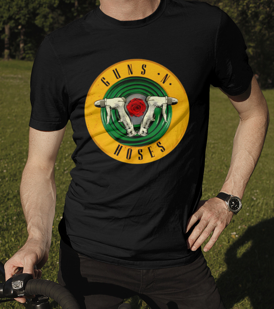 Guns N Hoses Firefighter Hydrant Nozzle Cross With Rose Circle Emblem T-Shirt