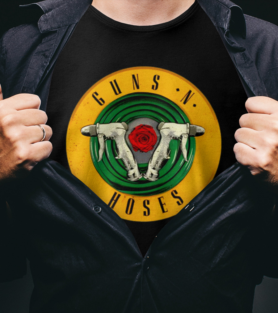 Guns N Hoses Firefighter Hydrant Nozzle Cross With Rose Circle Emblem T-Shirt