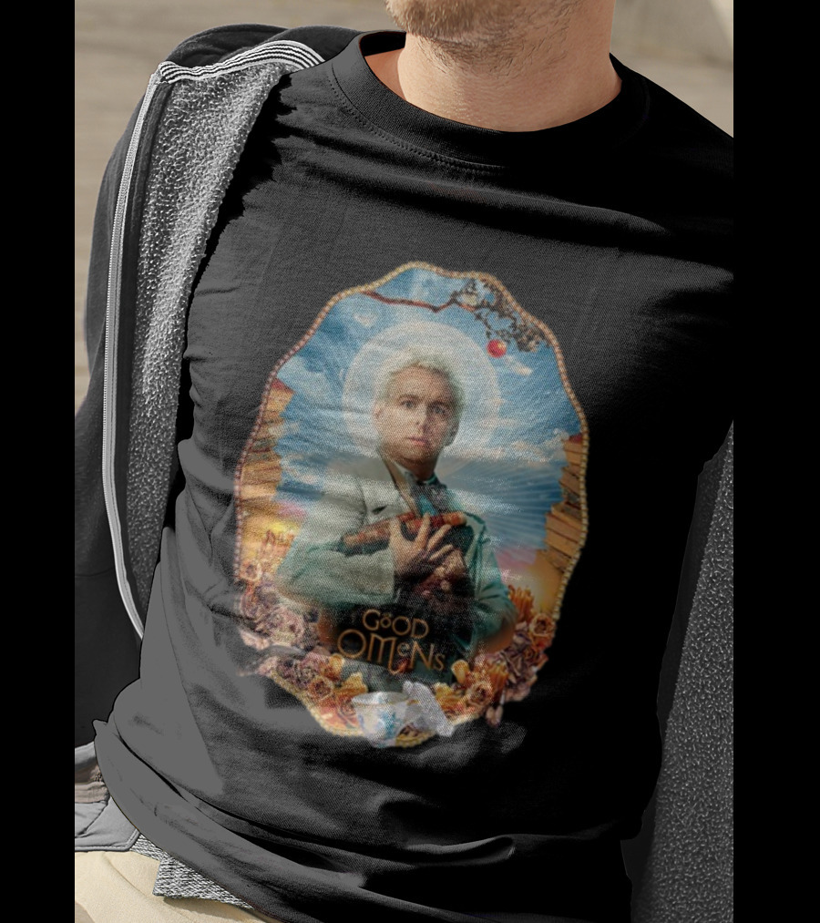 Good Omens Aziraphale Holding Books And Broken Tea Cup With Halo And Clouds T-Shirt