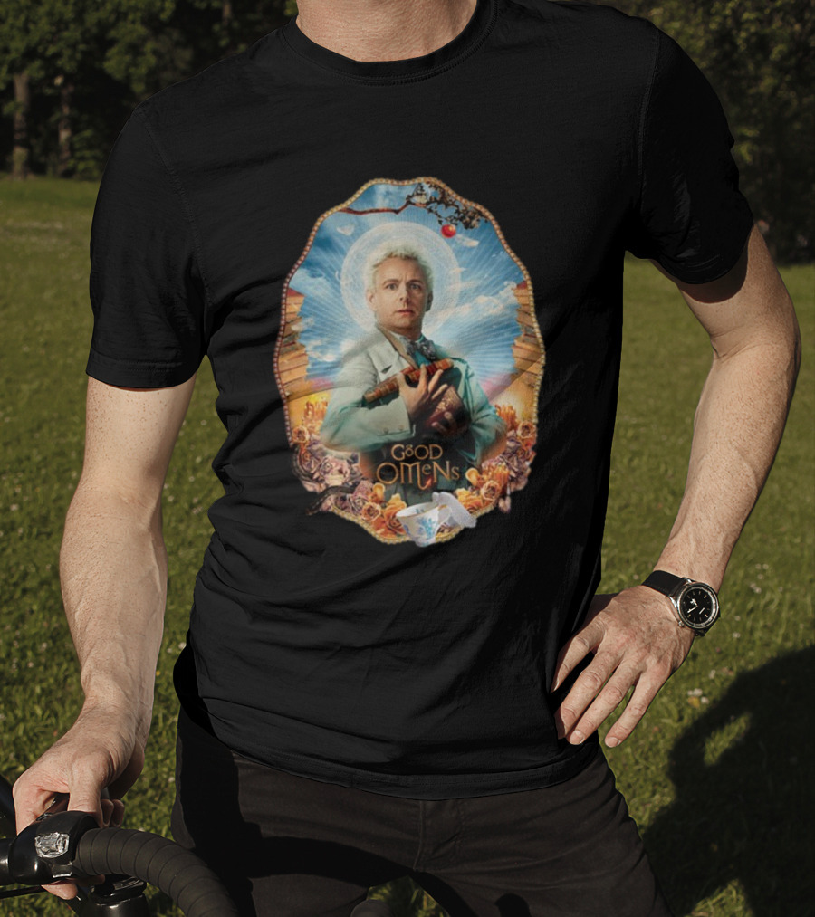 Good Omens Aziraphale Holding Books And Broken Tea Cup With Halo And Clouds T-Shirt