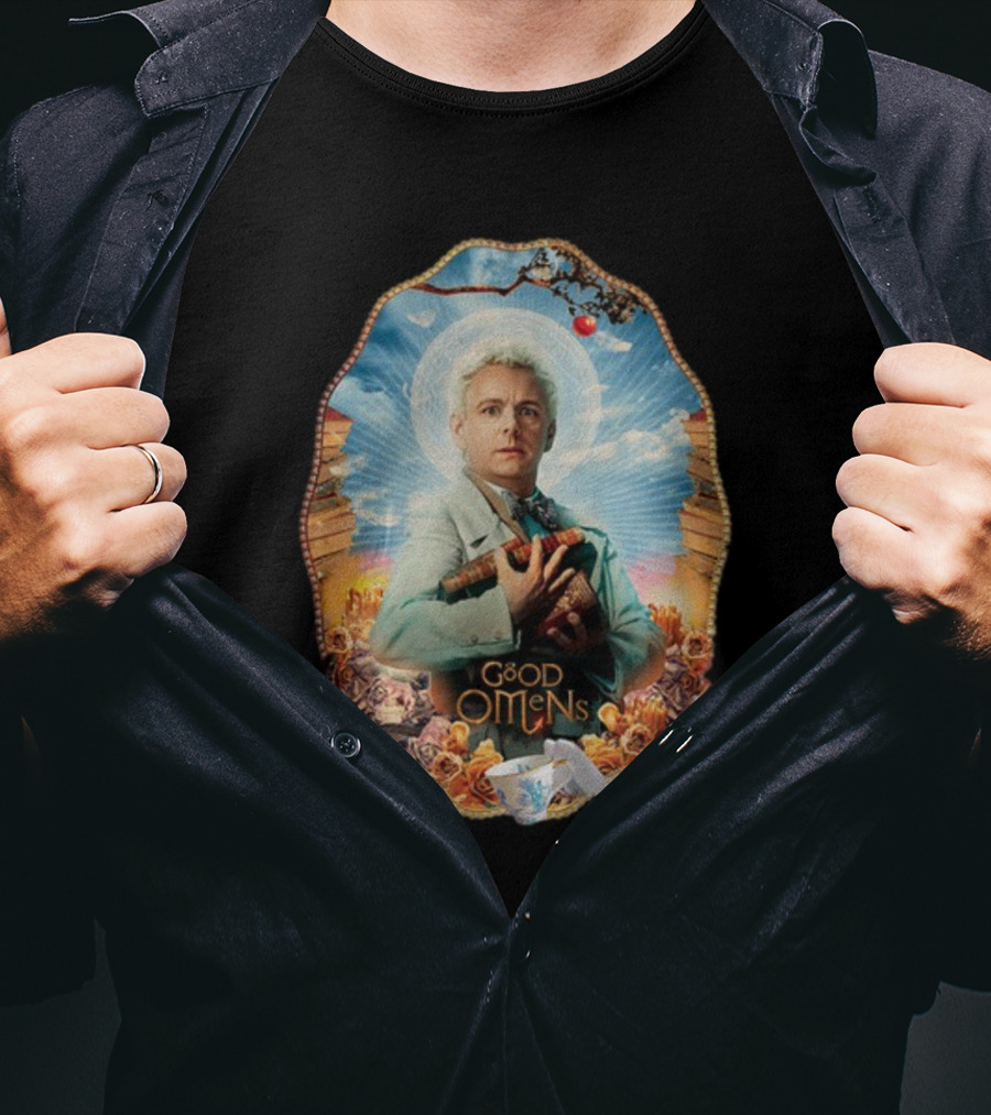 Good Omens Aziraphale Holding Books And Broken Tea Cup With Halo And Clouds T-Shirt