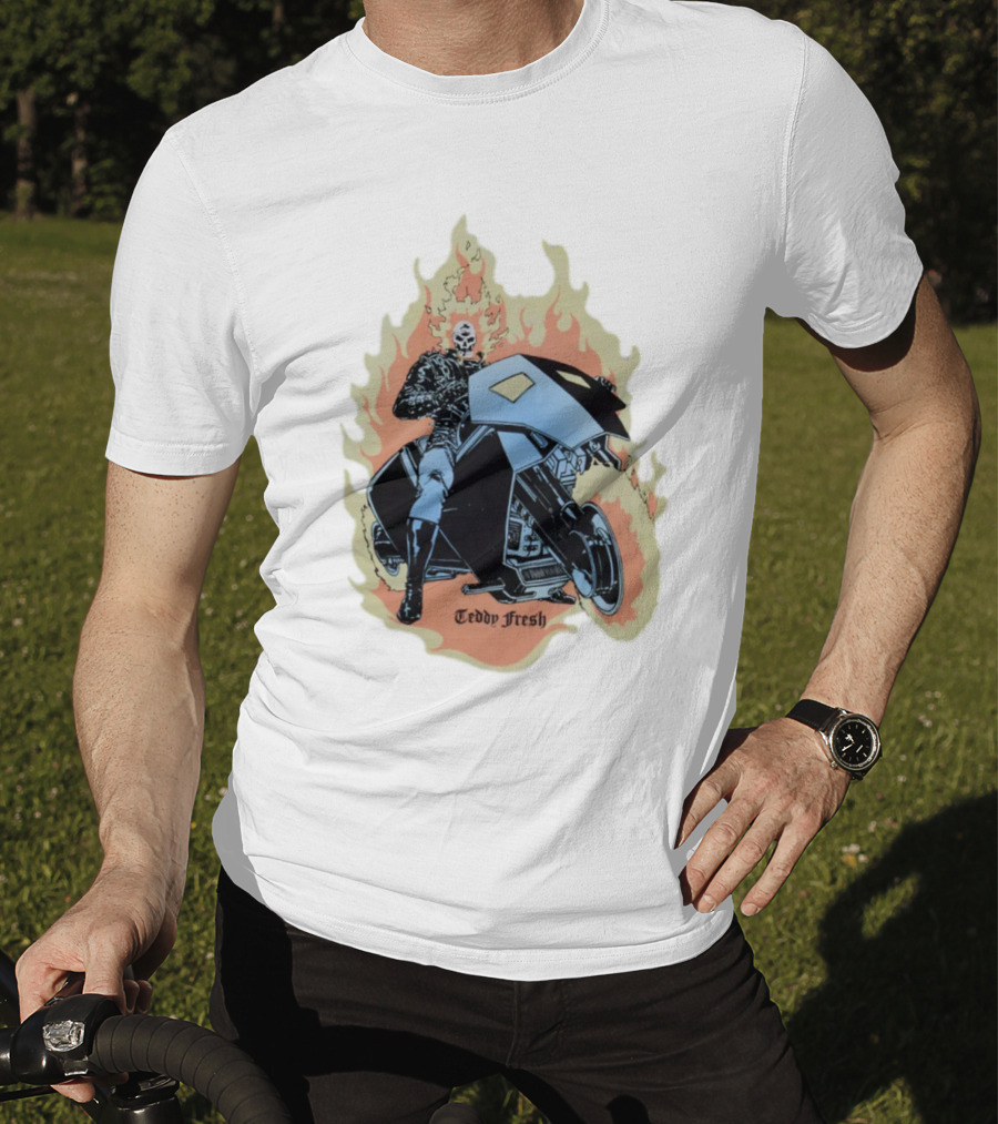 Teddy Fresh Tf X Marvel Ghost Rider Uv Activated Flames Motorcycle T-Shirt
