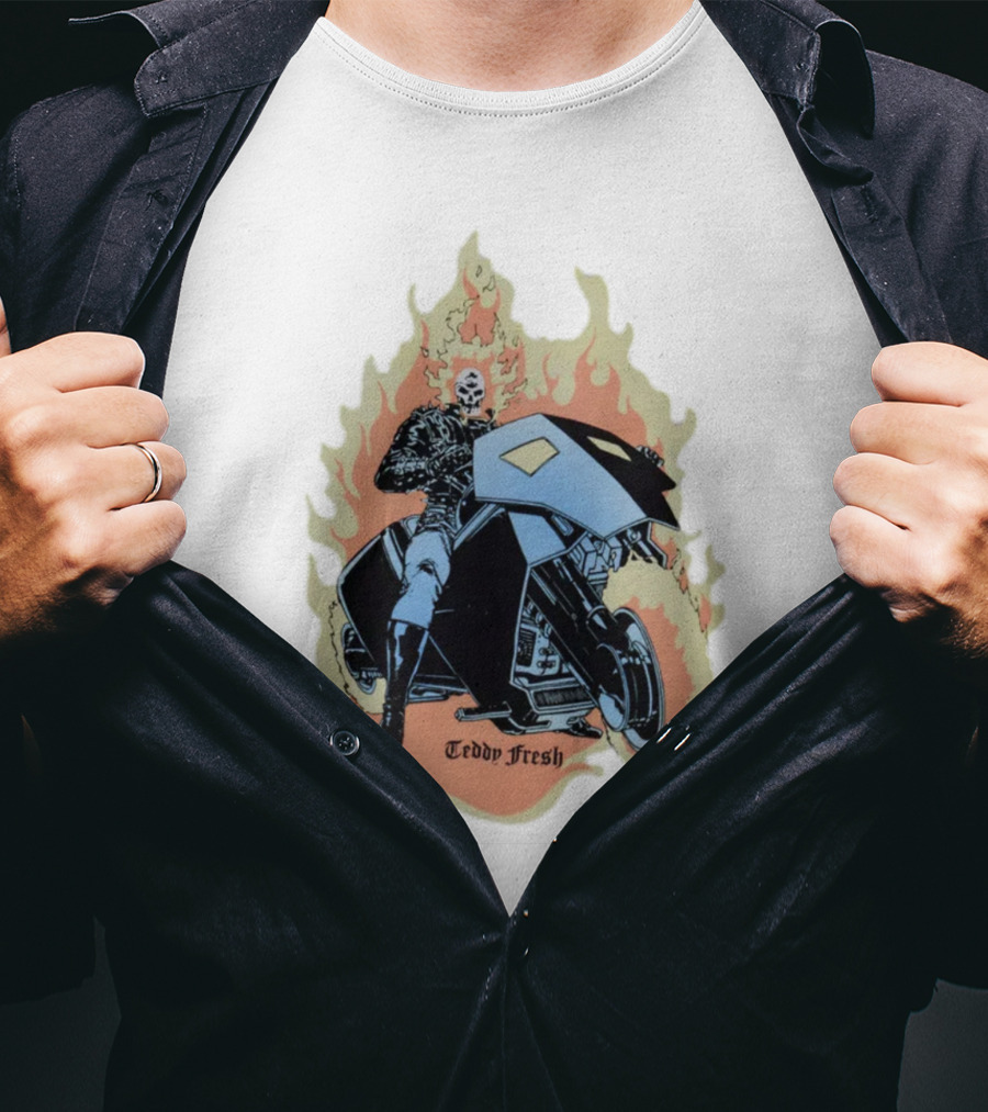 Teddy Fresh Tf X Marvel Ghost Rider Uv Activated Flames Motorcycle T-Shirt