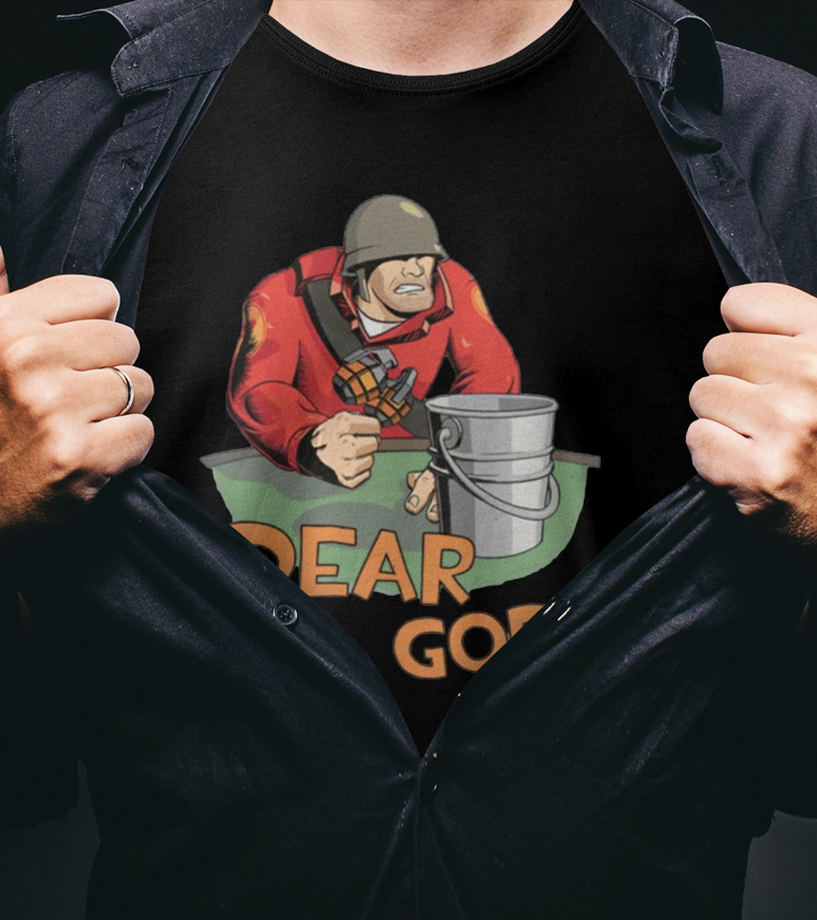 Team Fortress 2 Soldier Red Outfit With Grenade And Bucket Dear God T-Shirt