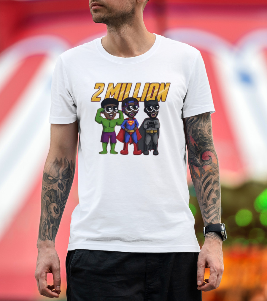 2 Million Superhero Celebration with Hulk Superman and Batman Characters T-Shirt