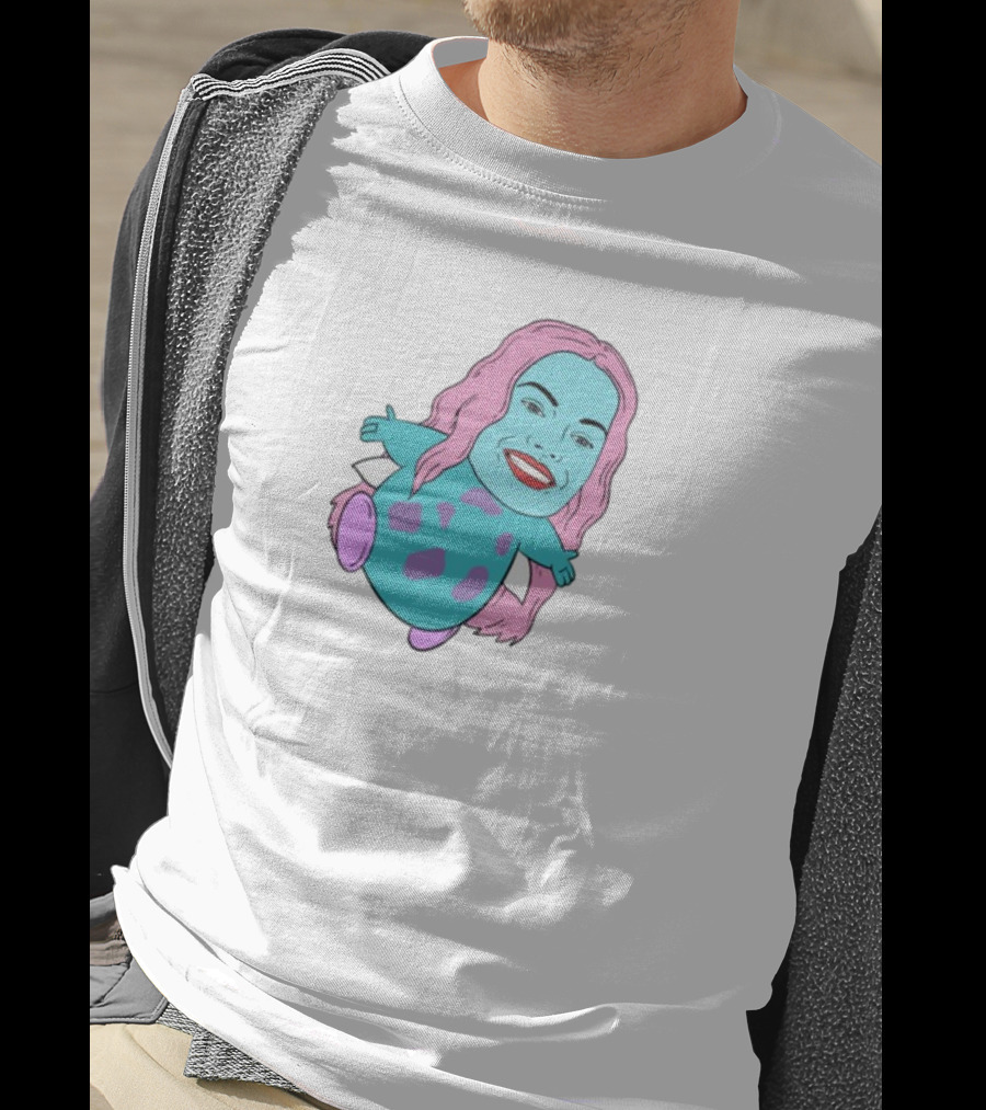 Margot X Bibble Fusion Cartoon Character With Pink Hair And Smiling Face On Blue Creature Body T-Shirt