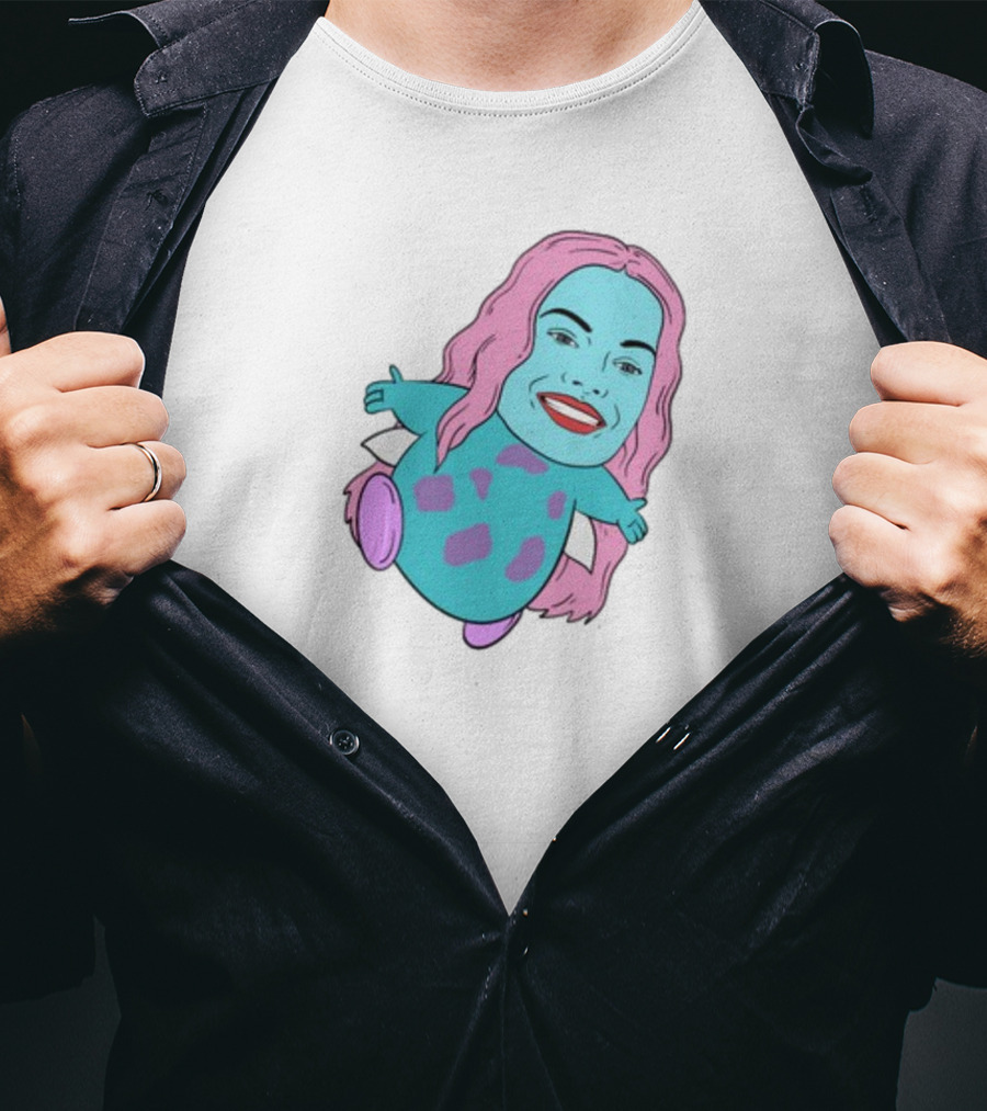 Margot X Bibble Fusion Cartoon Character With Pink Hair And Smiling Face On Blue Creature Body T-Shirt
