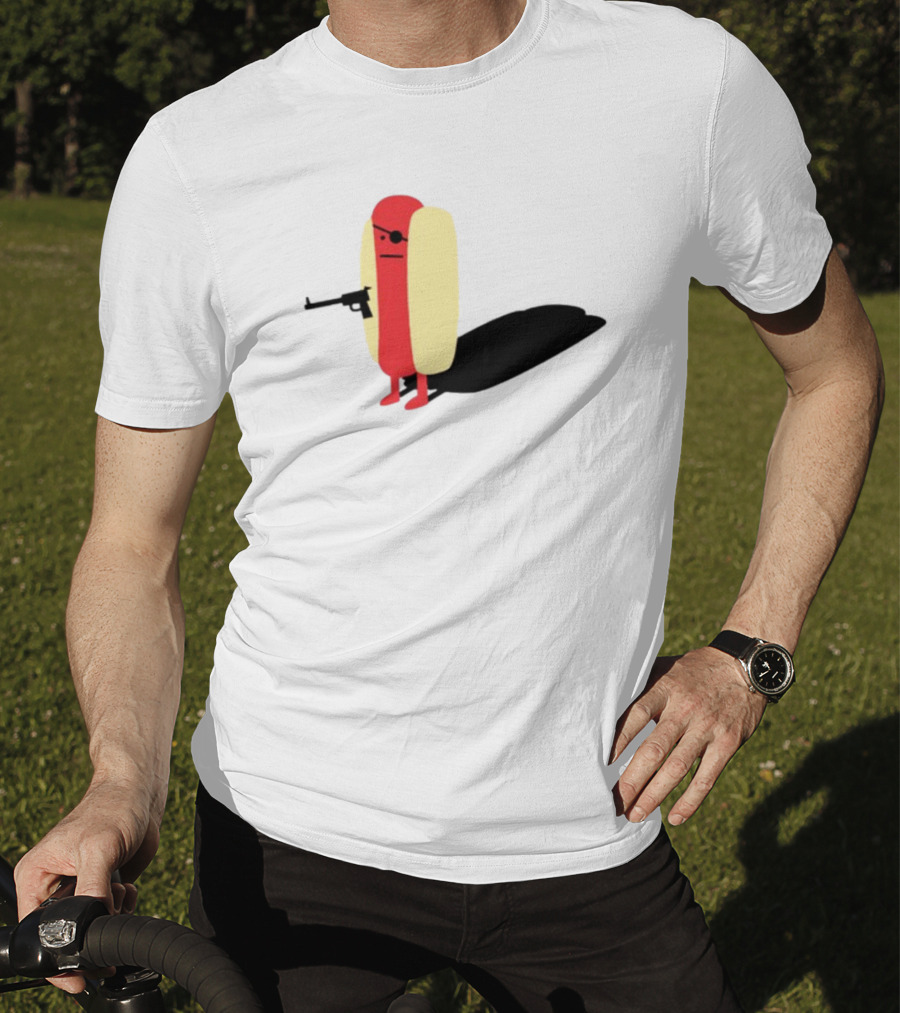 Melody Of Puns Diabolical Hot Dog With Smoking Gun And Eyepatch T-Shirt