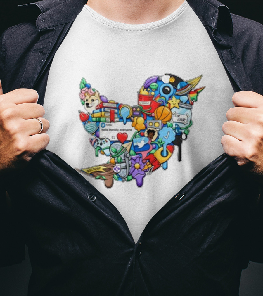 Oneteam Larry Twitter Collage With Doge Basketball Heart Jar And Hello Literally Everyone Conversation T-Shirt