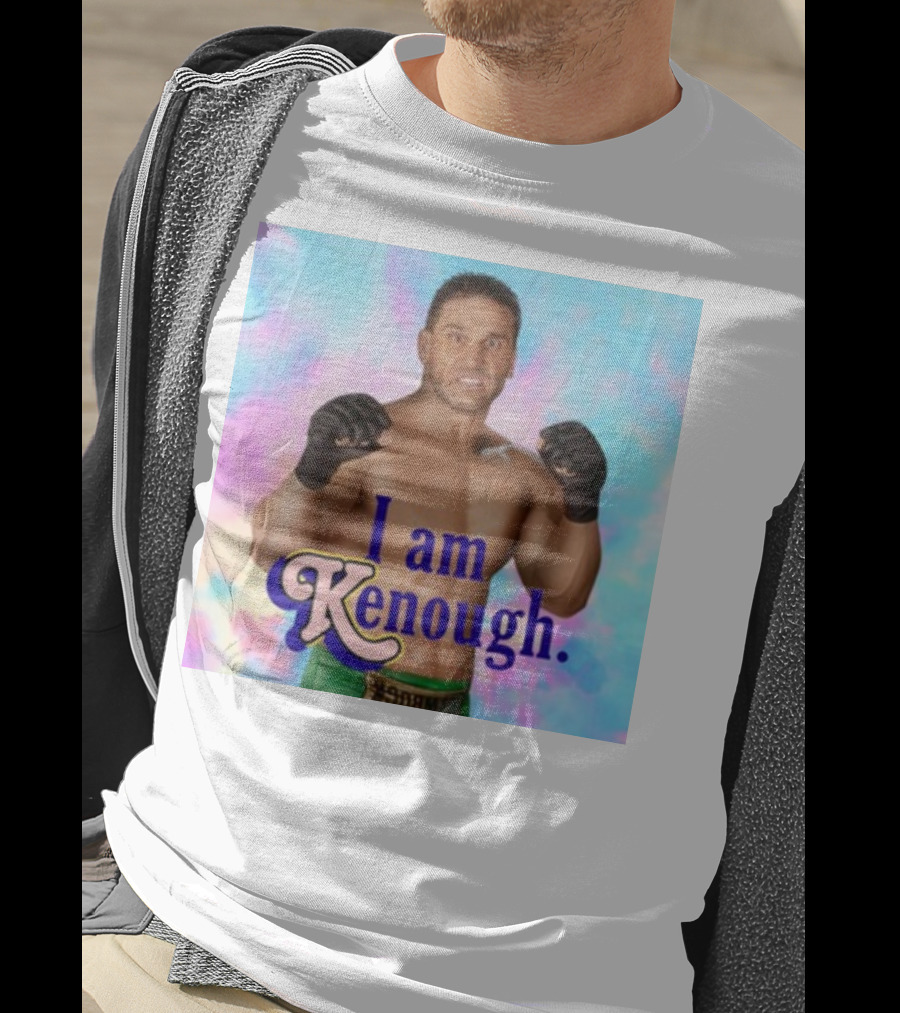Brogan Ken Shamrock I Am Kenough Boxer Gloves Blue Pink Background T-Shirt