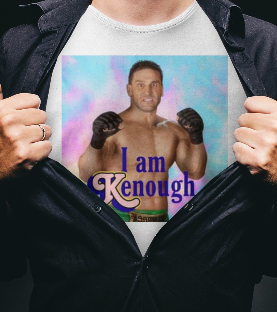 Brogan Ken Shamrock I Am Kenough Boxer Gloves Blue Pink Background T-Shirt