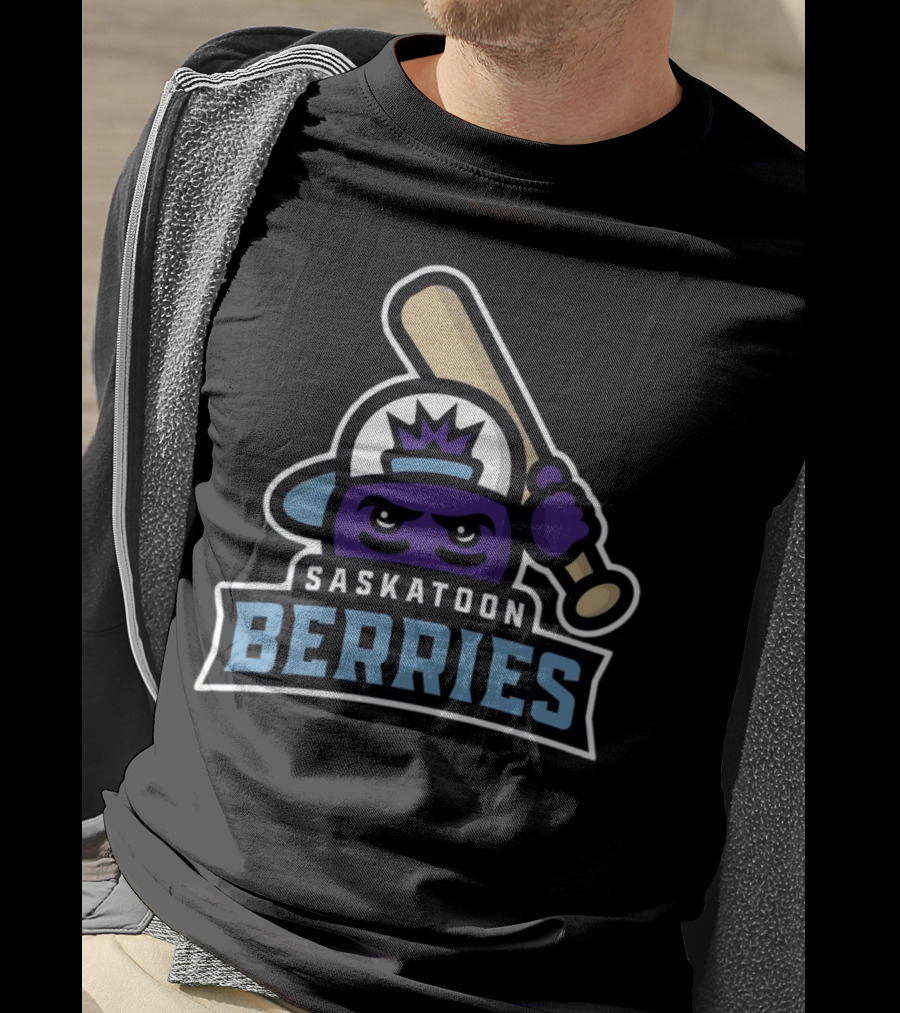 Saskatoon Berries Baseball Mascot With Crown And Bat T-Shirt