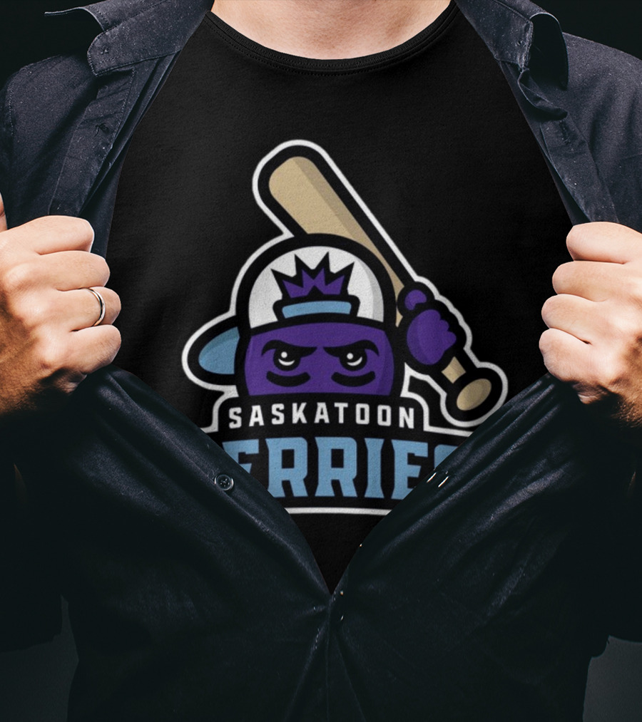 Saskatoon Berries Baseball Mascot With Crown And Bat T-Shirt