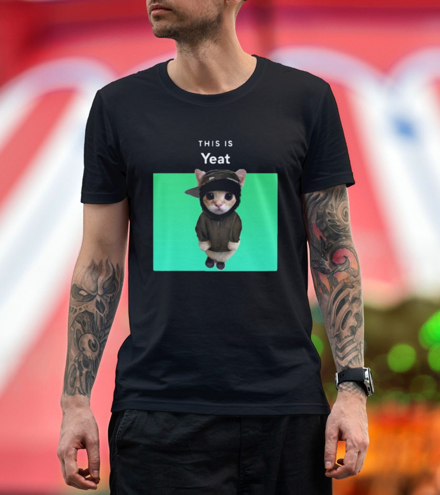 Yeat Cat Wearing Hoodie and Cap on Green Background T-Shirt